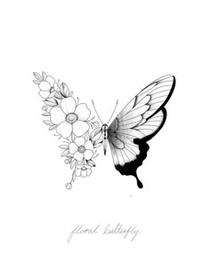 a black and white drawing of a butterfly with flowers on it's back wing