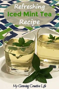 two glasses filled with ice and mint tea on top of a white plate next to a green leaf