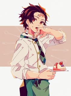 an anime character holding a piece of cake in one hand and finger to his mouth