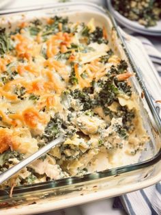 a casserole dish with broccoli and cheese