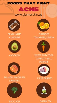 Foods that fight acne Diets For Acne, Foods Good For Your Skin, Healthy Snacks For Clear Skin, Acne Safe Foods, Acne Recipes Food, Clear Skin Foods Diet, Skin Clearing Tips, Foods That Make Your Skin Clear, What Helps Acne