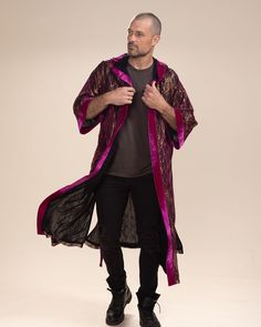 Men's Festival Kimono - Hooded Shimmer and shine in our men's kimono with hood in metallic rhodolite python print. Perfect for festivals and parties, this dazzling design made from vibrant materials will keep you comfortable and stylish at every occasion. Python Characteristics TRANSFORMATIVE • RENEWAL • ADVENTUROUSDo you have the spirit of the Snake? If you do, you embody a powerful presence filled with healing and psychic abilities. This spirit is synonymous with renewal, undergoing many rebir Hooded Kimono, Men's Kimono, Festival Kimono, Male Kimono, Purple Tones, Shimmer And Shine, Lace Kimono, Python Print, Kimono Fabric