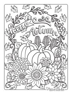 an autumn coloring page with flowers and pumpkins