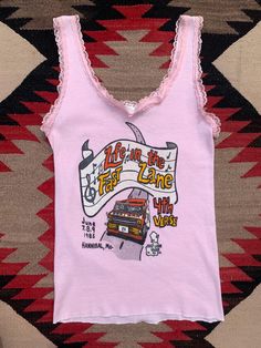 * 🎶 Life in the Fast Lane 🎶 vintage pink lace trim tank top from a van event in Hannibal, MO June 7,8,9 1985 by Fast Lane Vans, ILL, MO, WIS. Awesome van graphic with 2% on the front plate * * Vintage tag size XL but fits more like a modern M/L. Material has stretch, across at underarms 14.5", length 24.25" * Vintage Lace Trim Tops For Summer, Vintage Tank Vest For Spring, Vintage Summer Tops With Lace Trim, Vintage Pink Tops For Summer, Vintage Pink Top For Summer, Vintage Lace Trim Camisole For Spring, Vintage Spring Tank Top, Vintage Pink Summer Tops, Vintage Pink Tank Top For Spring