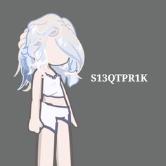 a girl with white hair is standing in front of a gray background and the words sj0otprk on it