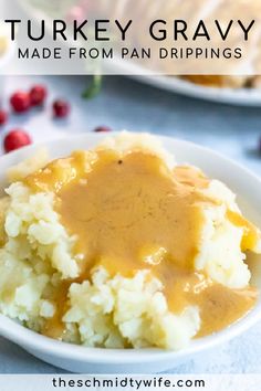 turkey gravy made from pan drippings in a white bowl with mashed potatoes and cranberries