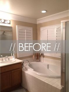 the before and after shot of a bathroom remodel with tub, sink, and shower