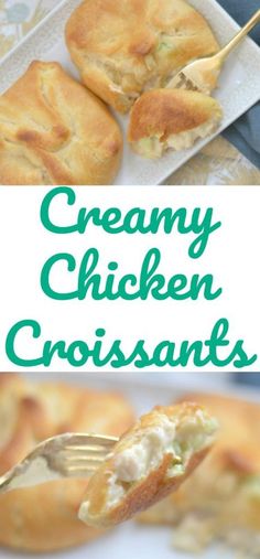 creamy chicken croissants on a white plate with a gold fork and text overlay