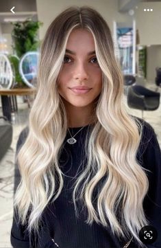 Blonde Hair W Dark Roots, Dark Root Blonde Ends, Hair Inspo Blonde Balayage, Blended Roots Blonde Balayage, Winter Balayage Blondes, Dark Long Hair Color Ideas, Dark Roots To Blonde Hair, Long Balayage Hair Blonde, Trendy Blonde Hair 2023