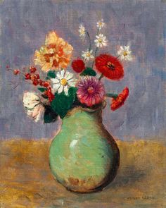 a painting of flowers in a green vase