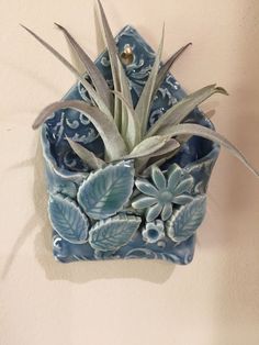 an air plant in a blue ceramic container hanging on the wall with leaves and flowers