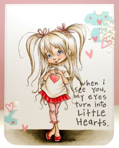 a card with a girl holding a heart and saying, when i see you, my eyes turn into little hearts