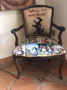 there is a chair with pictures on it