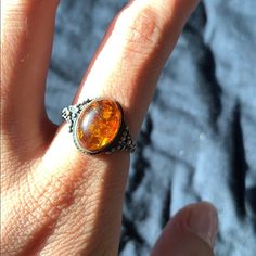 Vintage Silver Amber Ring Never Worn Antique Silver Nickel-free Rings, Nickel-free Oval Metal Rings, Amber Rings, Insect Ring, Ring Boy, Orange Ring, Orange Jewelry, 5 Rings, Amber Ring