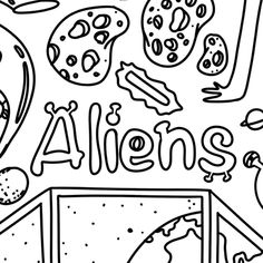 the word aliens written in black and white with images of planets, stars, and other objects