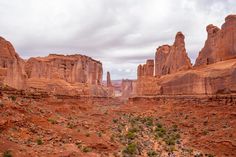 the landscape is beautiful with red rocks and green plants in the foreground, along with tall rock formations on either side