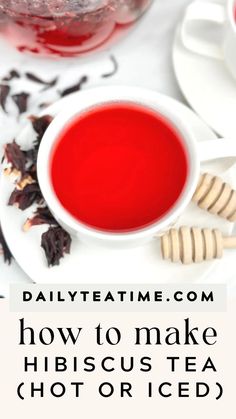 a white plate topped with a cup of red tea