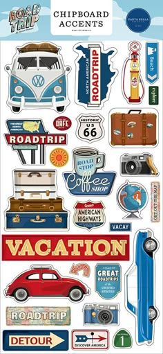 a sticker sheet with different types of travel related items on it and the words road trip