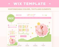 the website design for wix templates is shown in pink, green and white