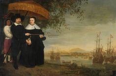 two men and a woman standing in front of a painting with an umbrella over their heads