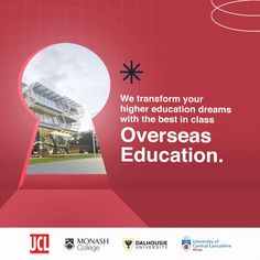 a red poster with the words we transform your higher education dreams with the best in class overseas education