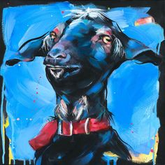 a painting of a black goat wearing a red collar and blue sky in the background