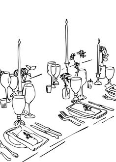 a black and white drawing of a table set with place settings, utensils and wine glasses