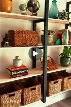 a book shelf with baskets and books on it