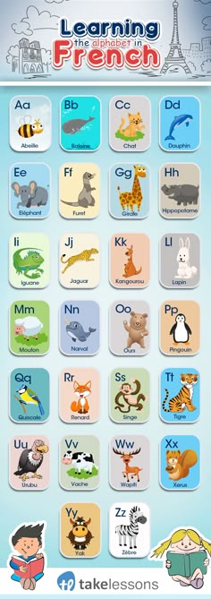 the learning french poster with pictures of animals and letters in different colors, sizes and shapes