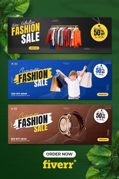 three banners with different styles of clothing and accessories on them, one is for women's fashion sale