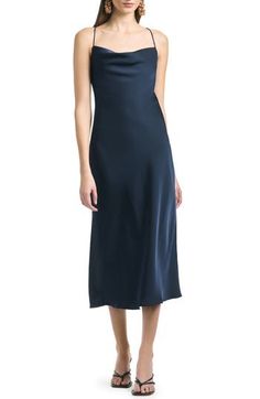 This slip-inspired cocktail dress is topped by slender spaghetti straps and made of smooth satin for a luxe look that's ready for the party. 51" regular length Hidden side-zip closure Cowl neck Spaghetti straps Unlined 100% polyester Dry clean Imported Asian Owned/Founded Navy Satin Dress, Creating Clothes, Sachin And Babi, Serena Dress, Velvet Bridesmaid Dresses, One Shoulder Gown, Blue Bridesmaid Dresses, Chiffon Gown, Satin Slip