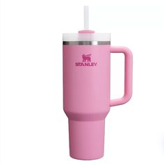 a pink travel mug with a straw in the cup is shown against a white background