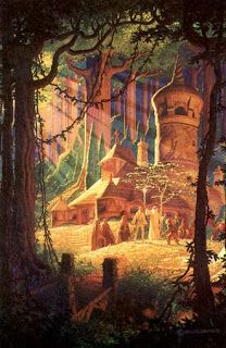 a painting of people in the woods near a castle with trees around it and buildings on either side