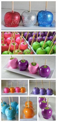 an assortment of colorful candy apples with wooden skewers on them, all in different colors