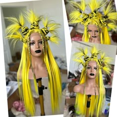 Lacefront yellow with black highlights fanned ponies. Blonde And Black Wig, Black Hairstyles Women, Exotic Wigs, Yellow Hair Ideas, Black And Yellow Hair, Bratz Hairstyles, Hair Studies, Styled Wigs, Drag Hair