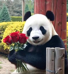 a panda bear holding roses in its paws