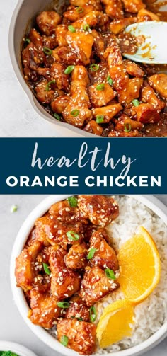 orange chicken in a bowl with rice and garnished with parsley