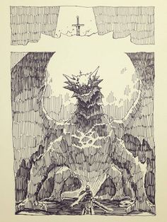 a black and white drawing of a giant monster in the middle of a field with a cross above it