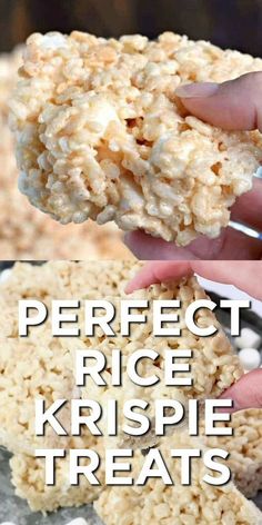 rice krispe treats are being held up with the words perfect rice krispee treats