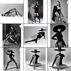 black and white photos of women in hats, stockings and heels posing for the camera