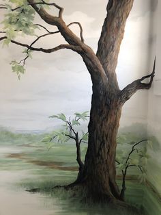 a painting of a tree in the middle of a field