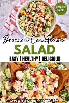 broccoli cauliflower salad in a white bowl with text overlay