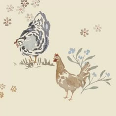 two chickens standing next to each other on top of a white ground covered in flowers