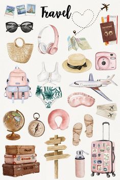 watercolor illustration of travel items including suitcases, hats, sunglasses and other things