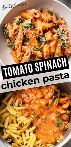 a bowl filled with pasta and sauce next to the words tomato spinach chicken pasta