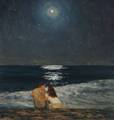 a painting of two people sitting on the beach at night