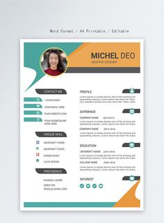 a professional resume template with an orange and blue color scheme on the front, black and white