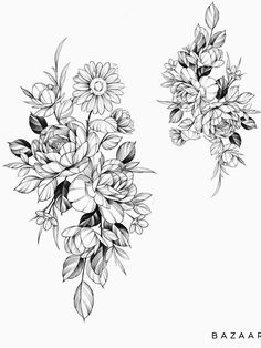 black and white drawing of flowers on a white background