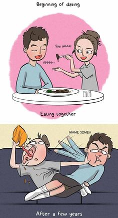 two cartoon pictures with the same person eating food and one showing how they are doing something