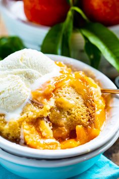 a bowl filled with fruit and ice cream